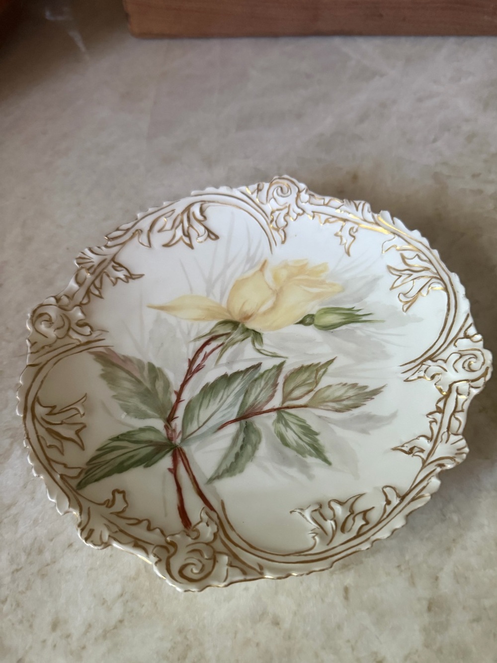 Antique Limoges France porcelain plate Alfred Lanternier yellow rose 7”